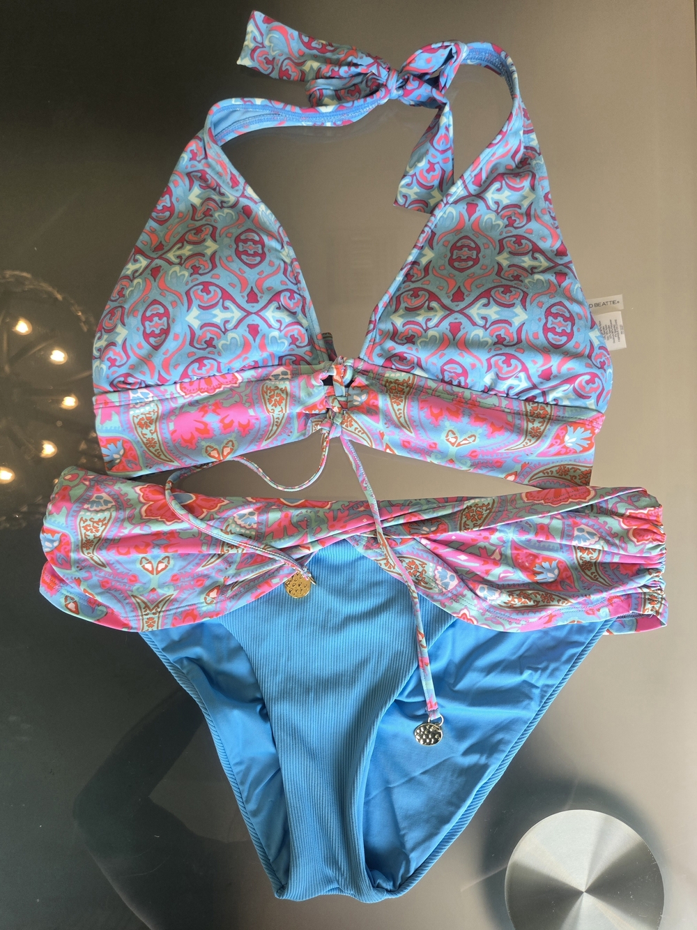 3 Piece Bleu Rod Beattie Pink and Blue Paisley Halter Bikini And Cover Up